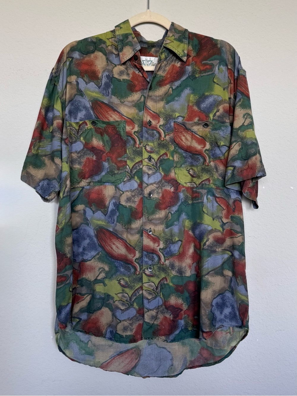 Se Jolie Vintage 1990s Pure Silk Earth Tone Abstract Print Blouse Shirt